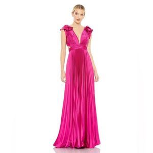 Leena for Mac Duggal Pleated Ruffled Cap Sleeve Cut Out Lace Up Gown